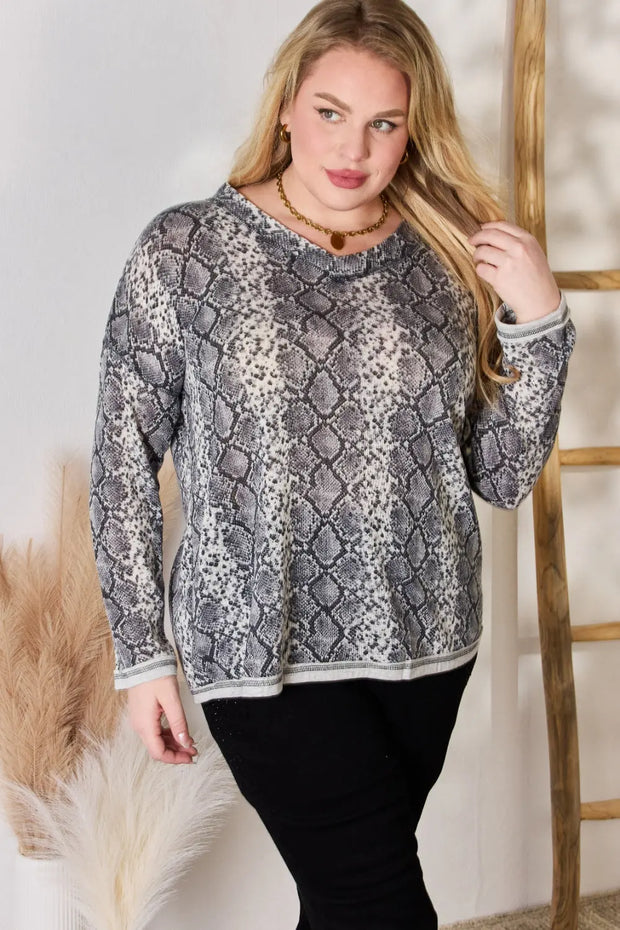 Hailey & Co Full Size Snakeskin V-Neck Long Sleeve Top - Fashionmj