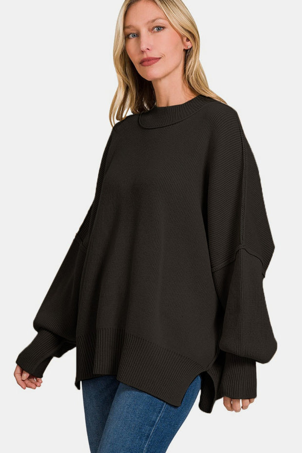 Zenana Side Sit Oversize Sweater - Fashionmj