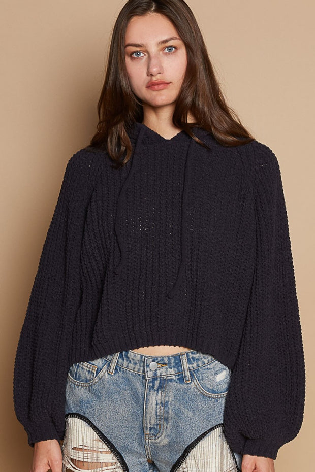 POL Back Open Slit Balloon Sleeve Crop Hooded Sweater - Fashionmj