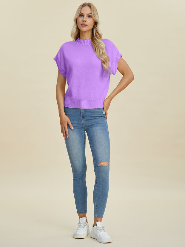 Double Take Full Size Mock Neck Short Sleeve Sweater - Fashionmj