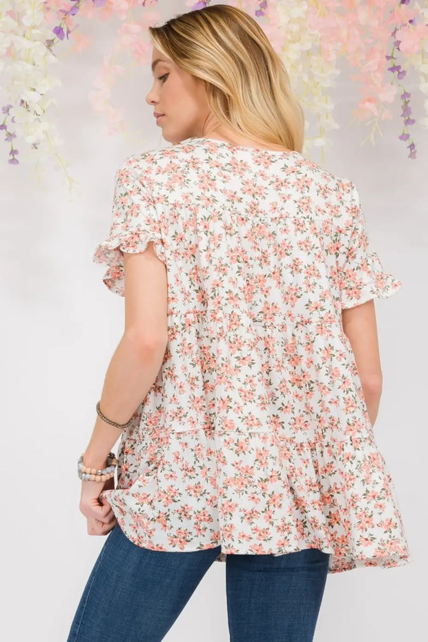 Celeste Full Size Floral Ruffled Short Sleeve Blouse - Fashionmj