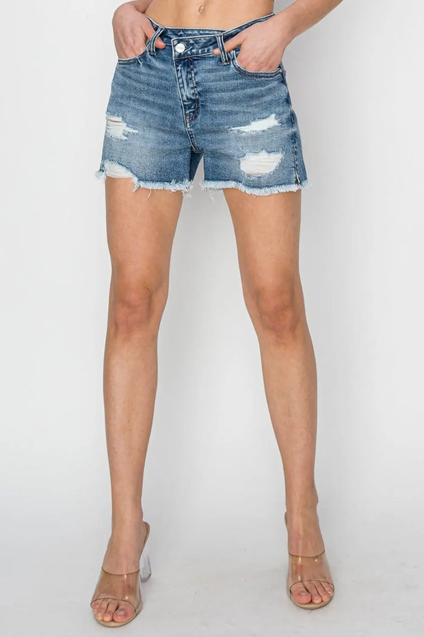 RISEN Stepped Waist Frayed Denim Shorts - Fashionmj