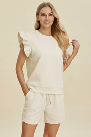 Double Take Full Size Texture Round Neck Ruffle Sleeve Top and Shorts Set - Fashionmj