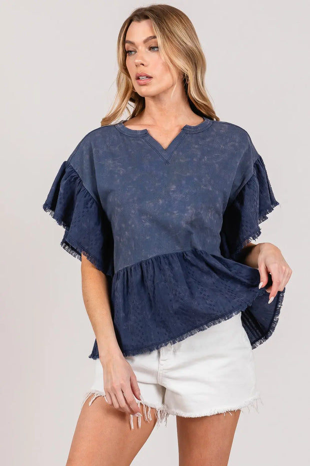 SAGE + FIG Ruffle Sleeve Washed Short Sleeve Blouse - Fashionmj