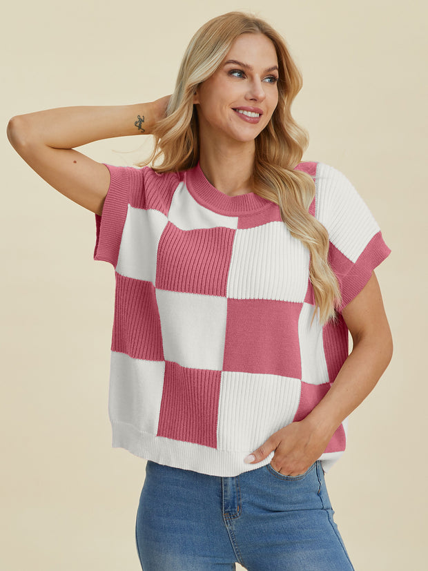 Double Take Full Size Checkered Round Neck Short Sleeve Sweater - Fashionmj