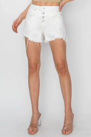 RISEN Button Fly Frayed Hem Denim Shorts - Fashionmj