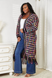 Full Size Multicolored Open Front Fringe Hem Cardigan - Fashionmj