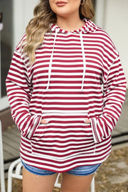 Plus Size Drawstring Striped Dropped Shoulder Hoodie - Fashionmj