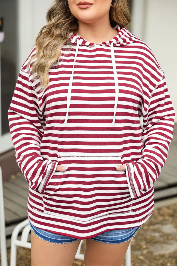 Plus Size Drawstring Striped Dropped Shoulder Hoodie - Fashionmj