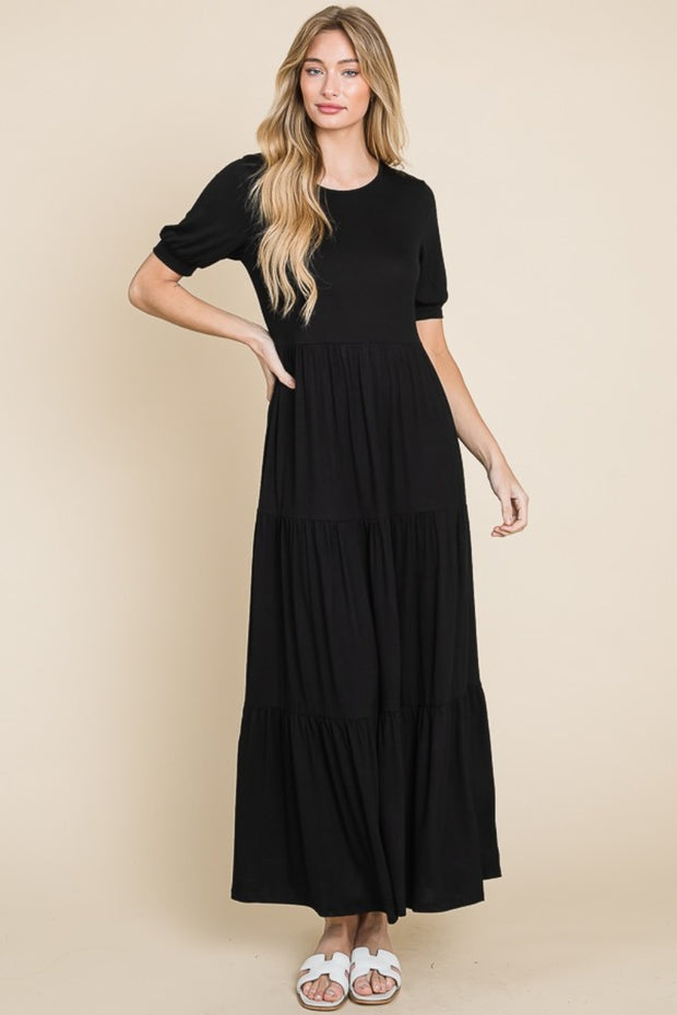 BOMBOM Short Sleeve Tiered Maxi Dress - Fashionmj