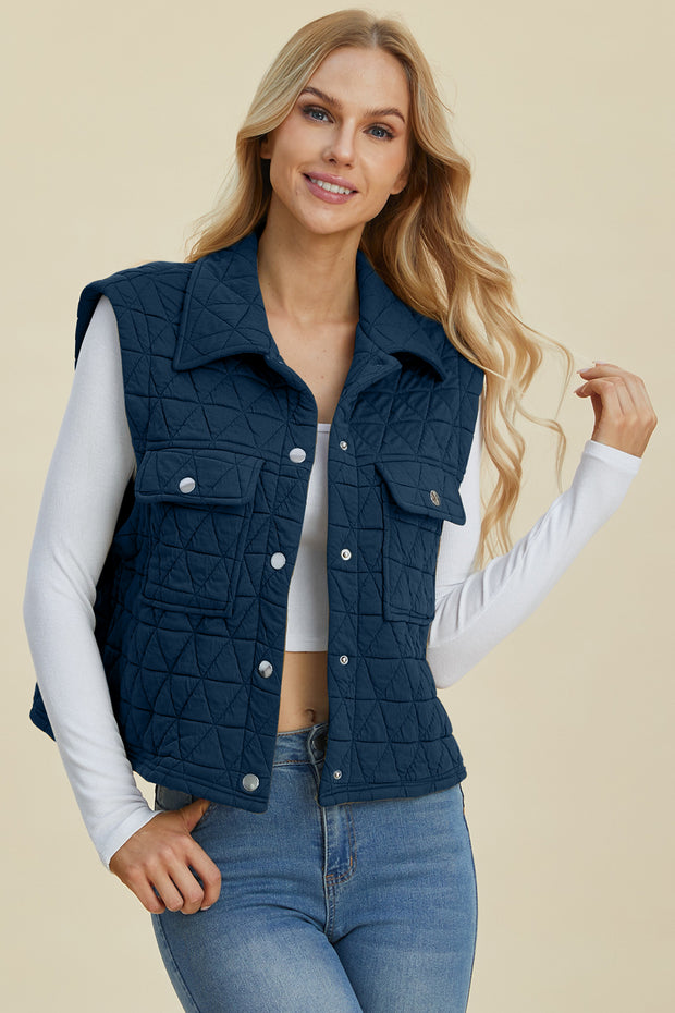 Double Take Full Size Pocketed Texture Snap Down Vest Coat - Fashionmj