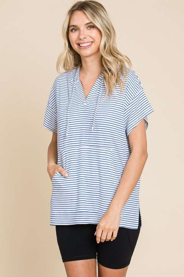 Culture Code Full Size Striped Short Sleeve Hooded Top - Fashionmj