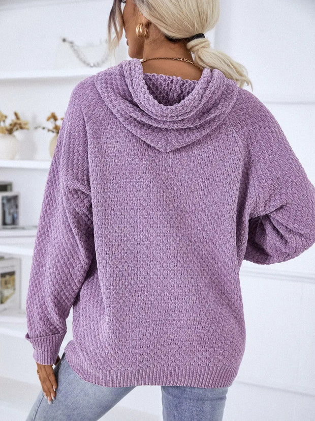 Texture Drawstring Long Sleeve Hooded Sweater - Fashionmj