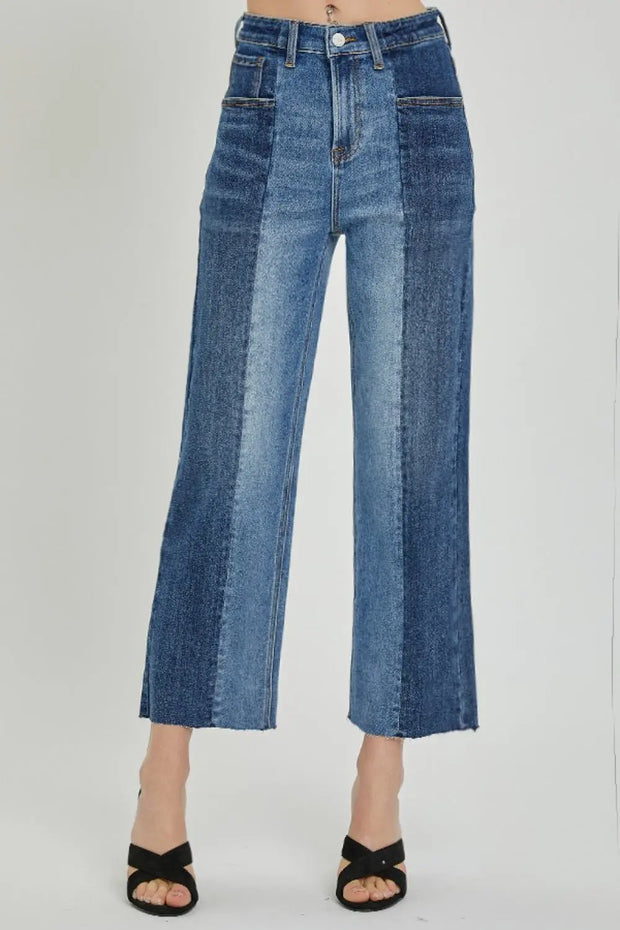 RISEN Full Size Mid-Rise Waist Two-Tones Jeans with Pockets - Fashionmj