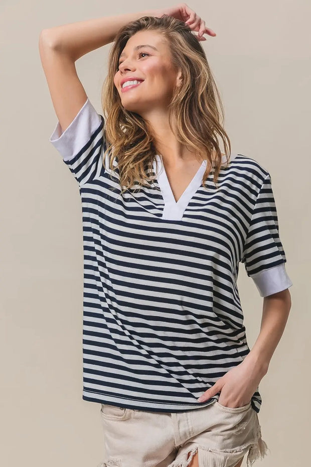 BiBi Contrast Striped Notched Knit Top - Fashionmj