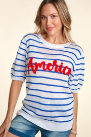 Haptics Letter Embroidery Striped Knit Top - Fashionmj