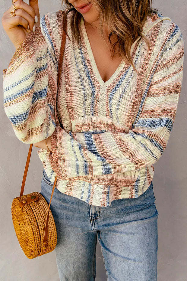 Striped Hooded Sweater with Kangaroo Pocket - Fashionmj