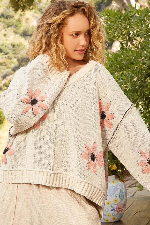 POL V-Neck Floral Pattern Chenille Sweater - Fashionmj