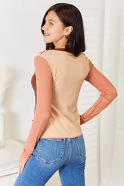 Double Take Color Block Exposed Seam Long Sleeve Top - Fashionmj