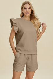 Double Take Full Size Texture Round Neck Ruffle Sleeve Top and Shorts Set - Fashionmj