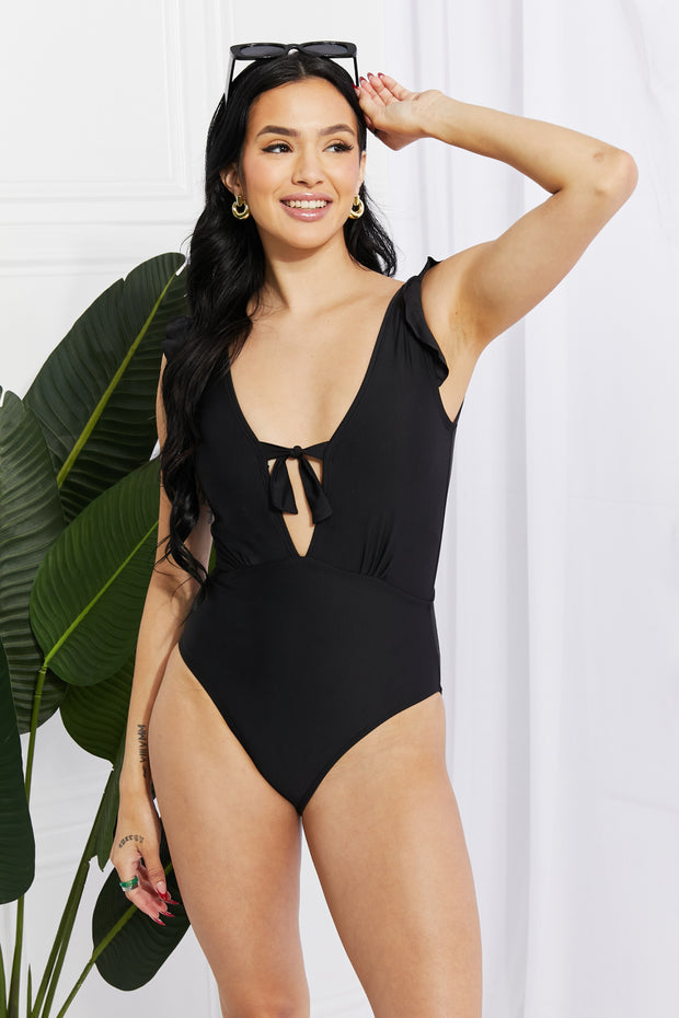 Marina West Swim Seashell Ruffle Sleeve One-Piece in Black - Fashionmj