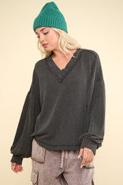 VERY J Two Tone Ribbed V-Neck Exposed Seam Top - Fashionmj