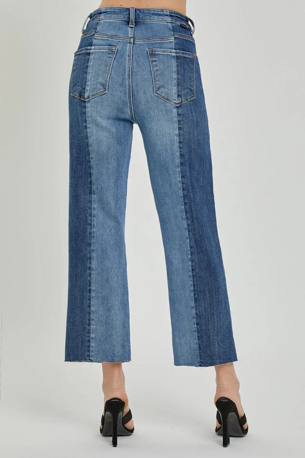 RISEN Full Size Mid-Rise Waist Two-Tones Jeans with Pockets - Fashionmj