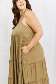 Zenana Full Size Spaghetti Strap Tiered Dress with Pockets in Khaki - Fashionmj