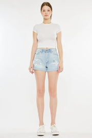 Kancan High Rise Repaired Mom Denim Shorts - Fashionmj