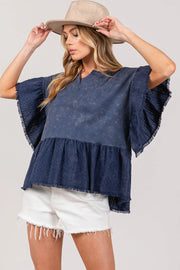 SAGE + FIG Ruffle Sleeve Washed Short Sleeve Blouse - Fashionmj