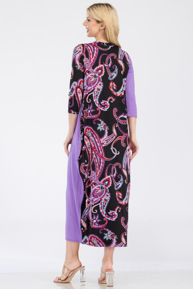 Celeste Full Size Paisley Contrast Midi Dress with Pockets - Fashionmj