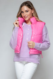 Snobbish Zip Up Turtleneck Shiny Quilted Vest - Fashionmj