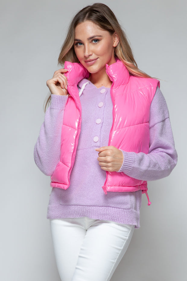 Snobbish Zip Up Turtleneck Shiny Quilted Vest - Fashionmj