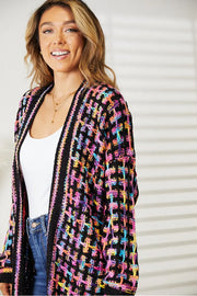 Full Size Multicolored Open Front Fringe Hem Cardigan - Fashionmj