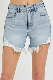 RISEN High Rise Side Step Hem Denim Shorts - Fashionmj