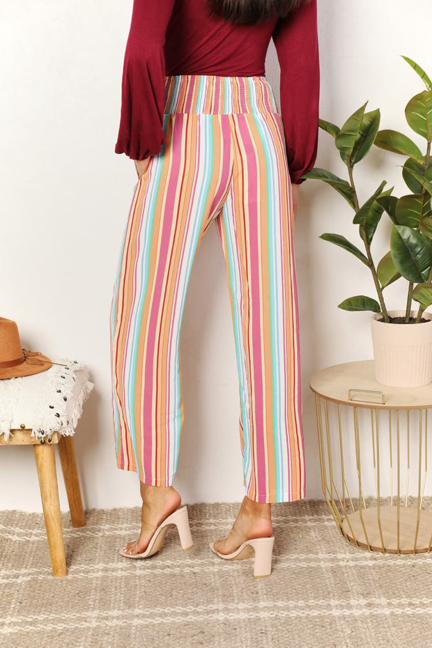 Double Take Striped Smocked Waist Pants with Pockets - Fashionmj