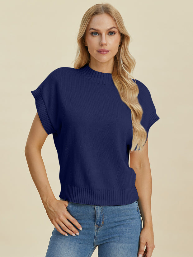 Double Take Full Size Mock Neck Short Sleeve Sweater - Fashionmj