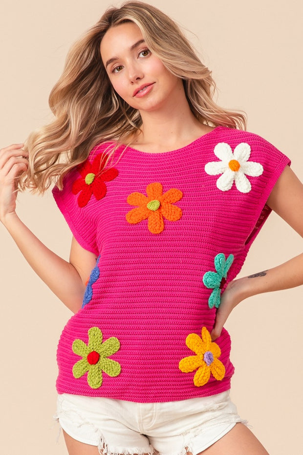 BiBi Flower Round Neck Cap Sleeve Knit Top - Fashionmj