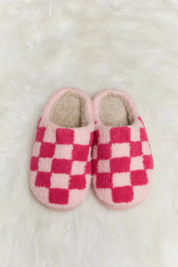 Melody Checkered Print Plush Slide Slippers - Fashionmj