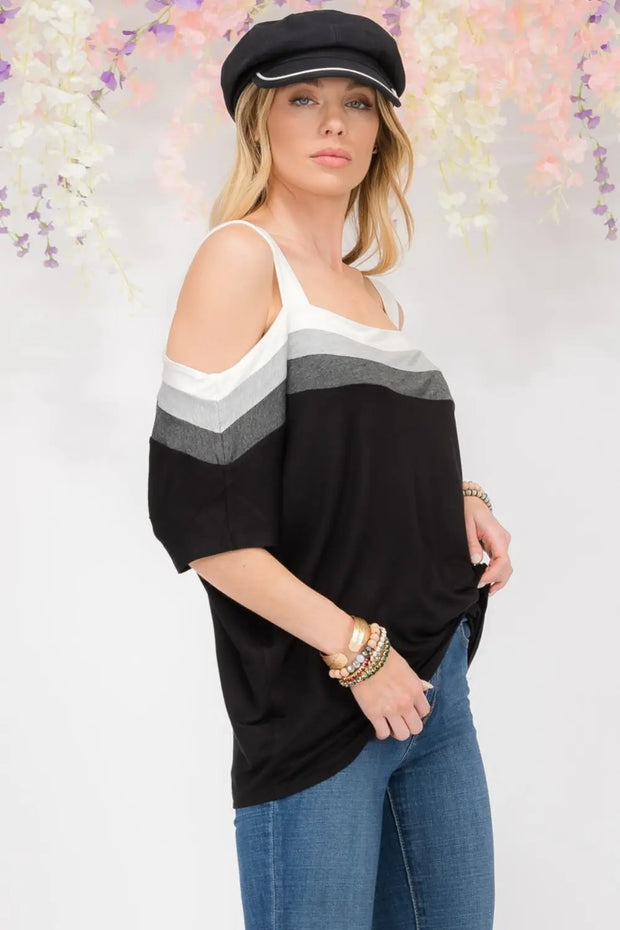 Celeste Full Size Striped Cold Shoulder Top - Fashionmj