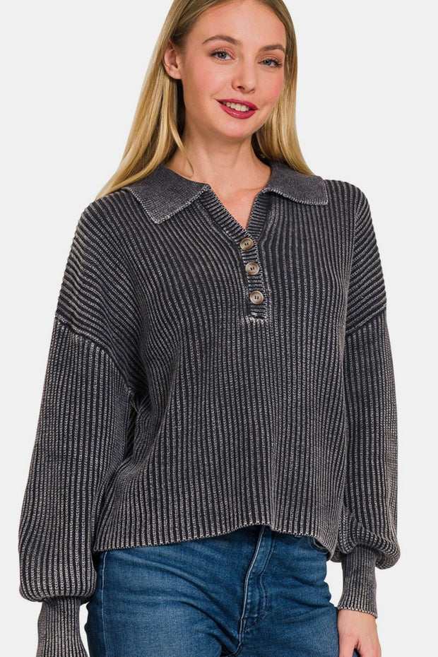 Zenana Washed Half Button Long Sleeve Sweater - Fashionmj