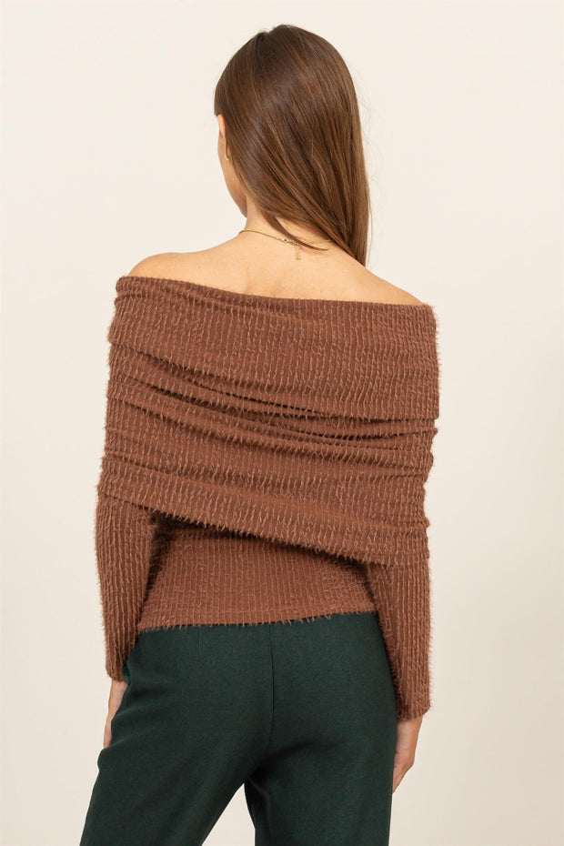 HYFVE Fuzzy Off Shoulder Textured Knit Top - Fashionmj