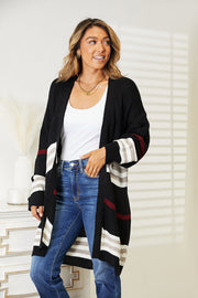 Perfee Striped Rib-Knit Drop Shoulder Open Front Cardigan - Fashionmj