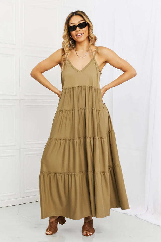 Zenana Full Size Spaghetti Strap Tiered Dress with Pockets in Khaki - Fashionmj