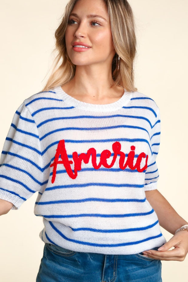 Haptics Letter Embroidery Striped Knit Top - Fashionmj