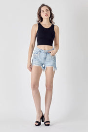 RISEN Frayed Hem Denim Shorts with Fringe Detail Pockets - Fashionmj