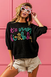 BiBi Metallic Letter Puff Sleeve Hairy Sweater - Fashionmj