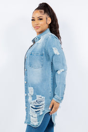 American Bazi Distressed Button Up Long Sleeve Denim Jacket - Fashionmj