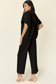 Double Take Full Size Texture Half Zip Short Sleeve Top and Pants Set - Fashionmj