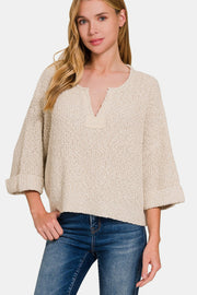 Zenana Notched Side Slit Patch Sweater - Fashionmj